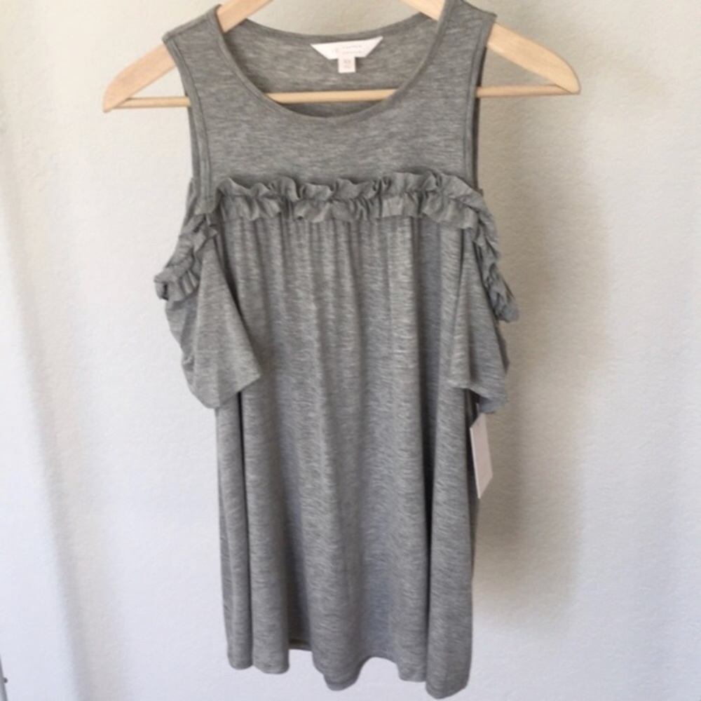 LC Lauren Conrad Ruffle Cold Shoulder Top in Gray